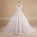 Charming V-Neck Sleeveless Puff A-line Beaded Lace Wedding Dress With Long Train